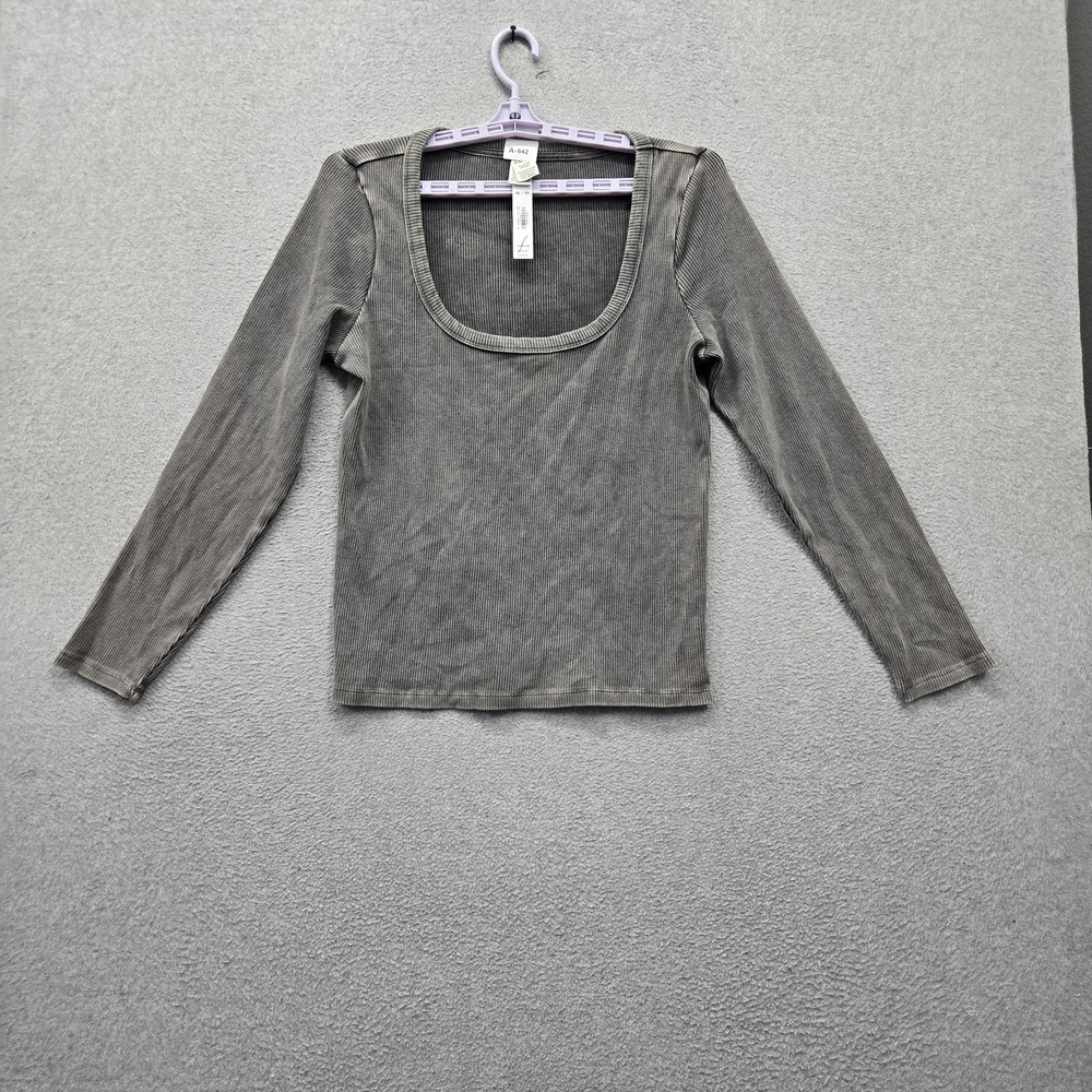 PINK Victoria's Secret Women Shirt XL Gray Ribbed Scoop Neck Long Sleeve NWT